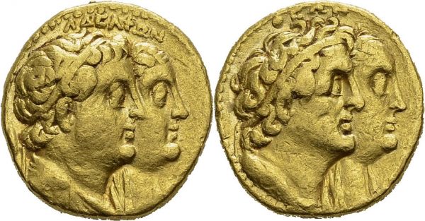 Ptolemaic Kingdom. Ptolemy II Philadelphos, 285-246. Gold half mnaeion or tetradrachm 272-260 BC, Alexandria. Obv. ΑΔΕΛΦΩΝ. Conjoined busts facing right of Ptolemy II, diademed and draped, and Arsinoe II, diademed and veiled. Rev. ΘΕΩΝ. Conjoined busts facing right of Ptolemy I, diademed and draped, and Berenice I, diademed and veiled. Svoronos 604. AU. 13.80 g. VF 
