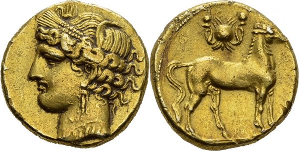 Zeugitania. Carthage. Trihemistater 264-241 BC. Obv. Heat of Tanit left. Rev. Horse standing right, sun disc with two uraei above Jenkins Lewis 413. EL. 10.88 g. XF+ 