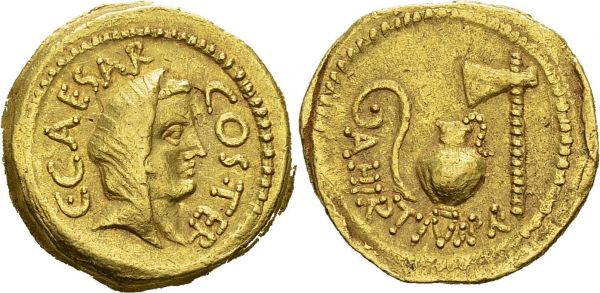 Julius Caesar and A. Hirtius. Aureus 46 BC, Rome. Obv. C CAESAR COS TER. Veiled head of Vesta right. Rev. A HIRTIVS PR. Lituus, jug and axe. Crawford 466/1; Calicó 37a; Babelon (Hirtia) 1, (Julia) 22; Sydenham 1018; BMCRR 4050; RBW 1636. AU. 8.03 g. VF+  Same obverse die as Bertolami auction 12, lot 568.  