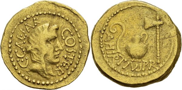 Julius Caesar and A. Hirtius. Aureus 46 BC, Rome. Crawford 466/1; Calicó 37a; Babelon (Hirtia) 1, (Julia) 22; Sydenham 1018; BMCRR 4050; RBW 1636. AU. 7.90 g. VF+  Obverse well centered 