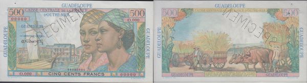 Ve République, 1958-. 500 Francs ND (1947-49). Spécimen. Numéro de série O.000-00000. Pick 36 var. SUP-UNC trous d'épingle
Perforé 
