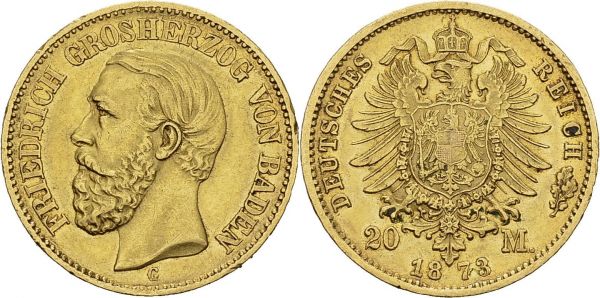 Baden. Friedrich I, 1858-1907. 20 Mark 1873 G, Kalsruhe. KM 261; Fr. 3752. AU. 7.91 g. AU