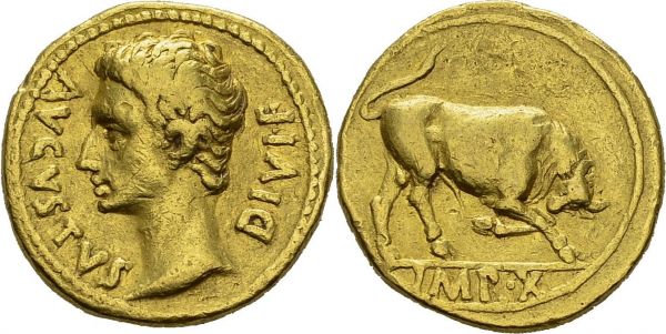 Augustus, 27 BC-14 AD. Aureus 15-13 BC, Lugdunum. Obv. AVGVSTVS - DIVI F. Bare head left. Rev. IMP X. Bull charging right. Calicó 213. AU. 7.89 g. RRR VF+  Very rare with the head facing left.  