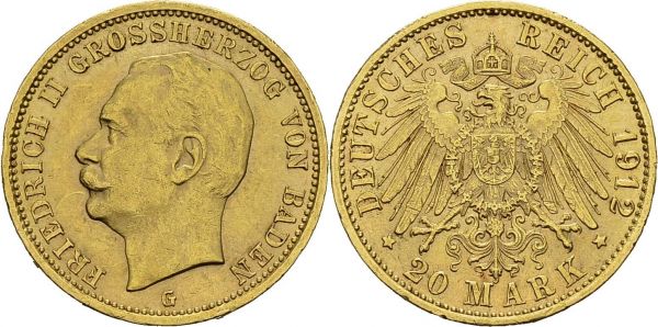 Friedrich II, 1907-1918. 20 Mark 1912 G, Karlsruhe. KM 284, Fr. 3760. AU. 7.93 g. Nice AU