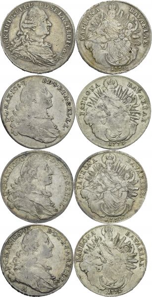 Bavaria. Lot of 4 coins : Maximilian III Joseph, Thaler 1772 A (2), 1773; Karl Theodor, Thaler 1778. Total (4). KM 519.2 (2), 519.1, 563.1. AR. 27.96, 27.87, 27.86, 27.72 g. XF to AU