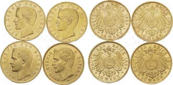 Otto, 1886-1913. Lot of 4 coins : 10 Mark 1893 D (UNC cleaned), 1896 D (AU), 1898 D (AU), 1904 D (UNC). Total (4). KM 911 (3), 994; Fr. 3770 (3), 3771. AU. 3.93, 3.92, 3.96, 3.92 g. AU to UNC