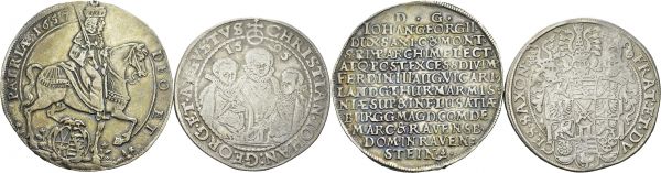 Saxony. Lot of 2 coins : Christian II, Johan Georg I and August, Thaler 1595; Johann Georg II Thaler 1657. Total (2). Dav. 9820, 7630. AR. 28.54, 29.14 g. XF tooled, mount removed
