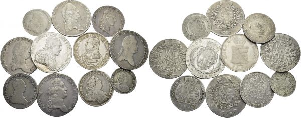 Saxony. Lot of 11 coins : Friedrich August II, 1/6 Thaler 1763; Friedrich Christian, 2/3 Thaler 1763; Friedrich August I, 1/3 Thaler 1800, 2/3 Thaler 1767, 1817, Thaler 1775, 1778, 1781, 1788, 1800, 1826. Total (11). KM 950, 960, 1024, 981, 1052, 992.1 (2), 992.2 (2), 1027.2, 1096. AR. 5.43, 13.68, 6.83, 13.42, 13.93, 27.45, 27.75, 27.23, 27.79, 27.75, 27.68 g. F to AU