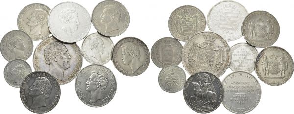 Saxony. Lot of 10 coins : Anton, Thaler 1831 S; Friedrich August II, 1/3 Thaler 1854 F, 1854 King's death, 2 Thaler 1842 G; Johann, 1/6 Thaler 1869 B, Thaler 1855 F Mint visit, 1862 B, 1867 B, 1871 B Victory; Carl Alexander, Thaler 1866 A. Total (10). KM 1121, 1177, 1179, 1149, 1205, 1187, 1212 (2), 1230, 209. AR. 27.75, 8.20, 8.35, 37.05, 5.26, 22.08, 18.31, 18.22, 18, 46, 18,31 g. XF to AU cleaned