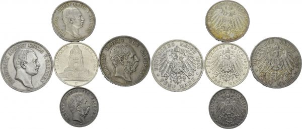 Saxony. Lot of 5 coins : Albert, 2 Mark 1899 E, 5 Mark 1895 E; Friedrich August III, 3 Mark 1912, 1913 E Leipzig battle, 5 Mark 1908 E. Total (5). KM 1245, 1246, 1267, 1275, 1266. AR. 10.98, 27.54, 16.65, 16.65, 27.75 g. XF to UNC