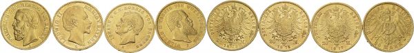 Lot of 4 coins : BADEN. 20 Mark 1873 G; BAVARIA, 20 Mark 1873 D; SAXONY, 20 Mark 1872 E; WURTTEMBERG, 20 Mark 1905 F. Total (4). AU. 7.89, 7.90, 7.85, 7.92 g. AU