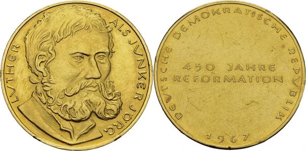 Deutsche Demokratische Republik, 1949-1990. Gold medal 1967 by W. Rosenthal. 26,5 mm. Martin Luther, 450th anniversary of the Reformation. Bozartus 1595 var. AU. 14.88 g. UNC