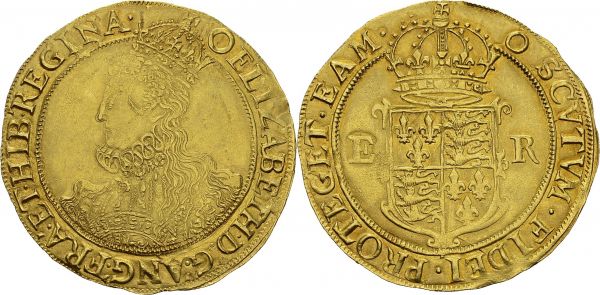 Elizabeth I, 1558-1603. Gold pound ND (1600), sixth issue. Obv. ELIZABETH D G ANG FRA ET HIB REGINA. Crowned bust left. Rev. SCVTVM FIDEI PROTEGET EAM / E - R. Crowned coat of arms. Spink 2534. AU. 11.26 g. Nice AU