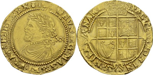 James I, 1603-1625. Laurel of XX Shillings 1621-1623, London. Obv. IACOBVS D G MAG BRI FRA HIB REX. Laureate bust left. Rev. FACIA M - EOS IN - GENTEM – VNAM. Spink 2638A. AU. 8.94 g. VF+