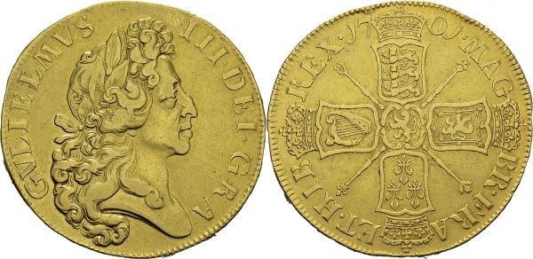 William III, 1694-1702. 5 Guineas 1701. Obv. GVLIELMVS III DEI GRA. Laureate bust right. Rev. MAG BR FRA ET HIB REX 1701. Crowned shields cruciform, scepters in angles. Spink 3456; KM 508. AU. 41.34 g. VF-XF tooled