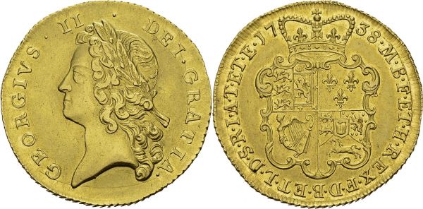 George II, 1727-1760. 2 Guineas 1738. Obv. GEORGIVS II DEI GRATIA. Laureate bust left. Rev. M B F ET H REX F D B ET L D S R I A T ET E 1738. Crowned shield. Spink 3667B; KM 576. AU. 16.66 g. XF tooled