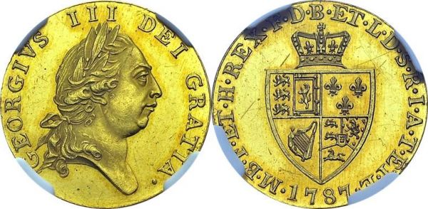 George III, 1760-1820. ½ Guinea 1787. Proof strike. Obv. GEORGIVS III DEI GRATIA. Laureate head right. Rev. M B F ET H REX F D B ET L D S R I A T ET E. Crowned coat of arms. Spink 3735; KM 608; Fr. 362. AU. 4.95 g. NGC PF 61
Struck as a presentation specimen, for the first date of issue of the spade guinea.
