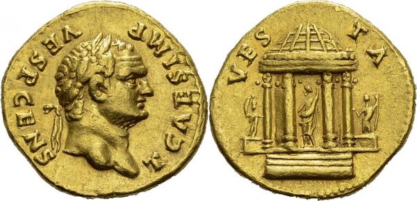 Titus, 79-81. Aureus 73, Roma. Obv. T CAES IMP - VESP CENS. Laureate head right. VES - TA. Temple of Vesta in Rome. Calicó 794. AU. 7.23 g. AU  