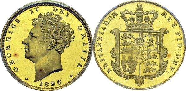 George IV, 1820-1830. Sovereign 1826, London. Obv. GEORGIVS IV DEI GRATIA. Bare head left. Rev. BRITANNIARUM - REX FID DEF. Coat of arms. Spink 3801; KM 696; Fr. 377a. AU. 7.98 g. PCGS PR 66 CAM
Extremely rare in this condition, top grade for this type, with only two other graded proof 66 at PCGS and one at NGC.