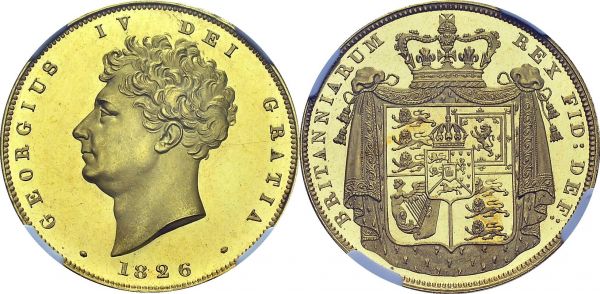 George IV, 1820-1830. 2 £ 1826, London. Obv. GEORGIVS IV DEI GRATIA. Bare head left. Rev. BRITANNIARUM - REX FID DEF. Coat of arms. Spink 3779; KM 701; Fr. 373. AU. 15.96 g. NGC PF 66 CAMEO
Extremely rare in this condition, top grade for this type, the only one in proof 66 at PCGS or NGC.