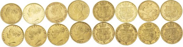 Victoria, 1837-1901. Lot of 8 coins : ½ Sovereign 1865 (Die #17), 1869 (Die #25), 1873 (Die #263), 1876 (Die #45), 1878 (Die #65), 1880 (Die #103), 1883, 1899 M. Total (8). 31.92 g. (total) 