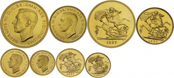 George VI, 1936-1952. Lot of 4 coins: ½ and 1 Sovereign, 2 and 5 £ 1937. Proof set. Total (4). Obv. GEORGIVS VI D G BR OMN REX F D IND IMP. Bare head left. Rev. St George slaying the dragon. Spink 4077, 4076, 4075, 4074; KM 858, 859, 860, 861; Fr. 409, 410, 411, 412. AU. 3.99, 8.04, 15.94, 39.90 g. UNC PROOF
