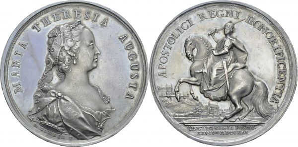 Maria Theresa, 1740-1780. Silver medal 1741 by M. Donner. 44 mm. Coronation as queen of Hungary. Mont. 1679. AR. 35.04 g. UNC