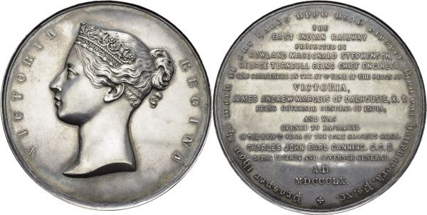 British. Victoria, 1837-1901. Silver medal 1860. 72.5 mm. East Indian Railway opened to Rajmahal. Obv. VICTORIA - REGINA. Crowned head left. Rev. Prosper thou the work of our hands upon us! O prosper thou our handy-work. Ps. XC. / THE / EAST INDIAN RAILWAY / PROJECTED BY / ROWLAND MACDONALD STEPHENSON, / GEORGE TURNBULL BEING CHIEF ENGINEER, / WAS COMMENCED IN THE XVTH YEAR OF THE REIGN OF / VICTORIA, / JAMES ANDREW MARQUIS OF DALHOUSIE, K. T. / BEING GOVERNOR GENERAL OF INDIA; / AND WAS / OPENED TO RAJMAHAL / IN THE XXIVTH YEAR OF THE SAME GOVERNOR GENERAL. / A.D. / MDCCXLX. Puddester 860.2. AR. 99.86 g. R AU cleaned
Attributed on the edge to MR WALTER BOURNE, DISTRICT ENGINEER BENGAL. OCTOBER 15th 1860. In original box.