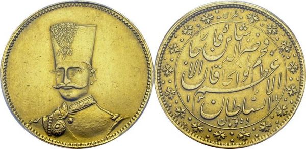 Nasir al-Din Shah, 1848-1896. 10 Tomans AH 1311 (1894). KM 945; Fr. 59. AU. 28.74 g. PCGS AU Details cleaned