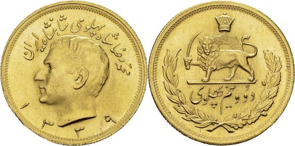 Mohammed Reza Pahlevi, 1941-1979. 2 ½ Pahlavi SH 1339 (1960). Obv. Bare head left. Rev. Crowned lion and sun within wreath. KM 1163; Fr. 100. AU. 20.30 g. Nice UNC