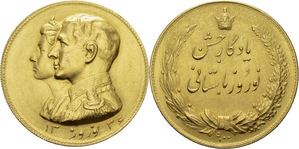 Mohammed Reza Pahlevi, 1941-1979. Gold medal SH 1336 (1957). 36 mm. Persian new year. AU. 34.29 g. UNC