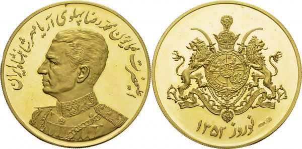 Mohammed Reza Pahlevi, 1941-1979. Gold medal AH 1352 (1973). 40.5 mm. Mohammed Reza Shah. AU. 24.94 g. UNC