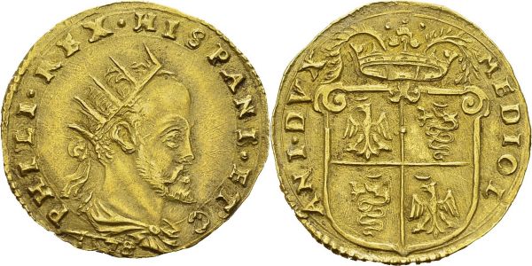 Milano. Filippo II, 1556-1598. Doppia 1578, Milano. Obv. PHILI REX HISPANI ETC. Radiate bust right. Rev. MEDIOL - ANI DVX. Coat of arms. KM 178; Fr. 716. AU. 6.69 g. AU