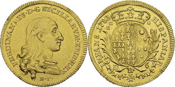 Naples and Sicily. Ferdinand IV, 1759-1825. 6 Ducati 1783 BP, Napoli. KM 188; Fr. 852. AU. 8.78 g. R AU ex jewellery