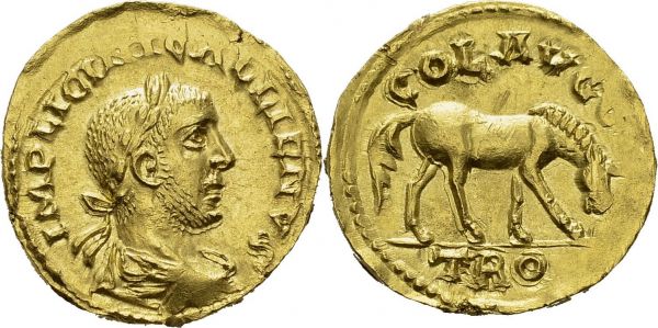 BARBARICUM. Aureus, 262-300. Obv. IMP LICINI GALLIENVS. Draped bust right. Rev. COL AVGO / TRO. Grazing horse right. Bellinger A451 (bronze) ; Bursche & Myzgin fig. 4. AU. 6.98 g. UNC