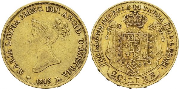 Parma. Maria Luigia, 1814-1847. 20 Lire 1815, Milan. KM 31; Fr. 934. AU. 6.32 g. XF