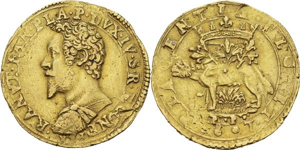 Piacenza. Ranuccio I Farnese, 1592-1622. 2 Doppie 1607, Piacenza. Obv. RANVT FAR PIA P DVX IV S R E CONF P. Bust left. Rev. PLACENTIA FLORET. Crowned she-wolf and lilies. KM 35; Fr. 907. AU. 12.87 g. VF marks