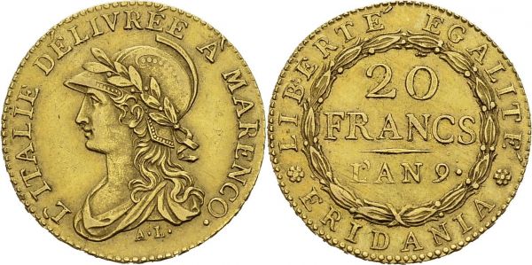 Piemonte. Repubblica Subalpina, 1800-1802. 20 Francs AN 9 (1800), Torino. KM 5; Fr. 1172. AU. 6.36 g. AU