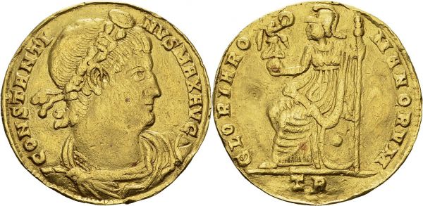 Constantin I, 310-337. 2 Solidi ca. 335, Treves. Obv. CONSTANTI - NVS MAX AVG. Diademed head right. Rev. GLORIA RO - MANORVM. Roma seated left, holding spear and Victory. RIC 564. AU. 8.30 g. VF+  With an export certificate for cultural good from the French Ministry of culture dated June 27th, 2018.