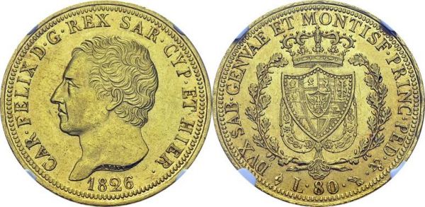 Carlo Felice, 1821-1831. 80 Lire 1826 L, Torino. KM 123; Fr. 1132. AU. 25.80 g. 75'957 ex. NGC AU 58