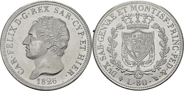 Carlo Felice, 1821-1831. 80 Lire 1826 L, Torino. Platinum. PT. 25.90 g. 5 ex. RRR Nice UNC
Struck for Edwards H. Metcalf In the 1950's.