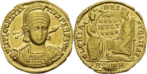 Constantius II, 337-361. Solidus 355-361, Sirmium. Depeyrot 15/1. AU. 3.92 g. VF graffiti, ex mount  