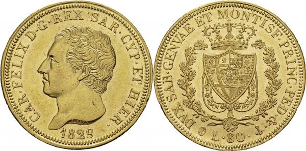 Carlo Felice, 1821-1831. 80 Lire 1829 P, Genova. KM 108.2; Fr. 1133. AU. 25.77 g. 7426 ex. R Nice AU