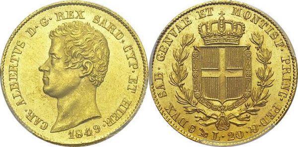 Carlo Alberto, 1831-1849. 20 Lire 1849 P, Genova. KM 131.1; Fr. 1143. AU. 6.45 g. PCGS MS 62