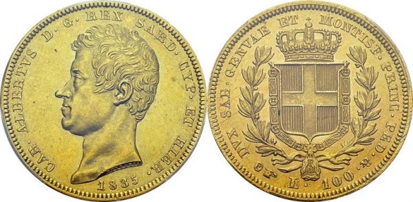 Carlo Alberto, 1831-1849. 100 Lire 1835 P, Torino. KM 133.1; Fr. 1138. AU. 32.22 g. 26'360 ex. PCGS MS 61