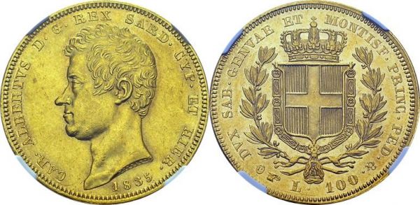 Carlo Alberto, 1831-1849. 100 Lire 1835 P, Torino. KM 133.1; Fr. 1138. AU. 32.25 g. 26'360 ex. NGC AU 58