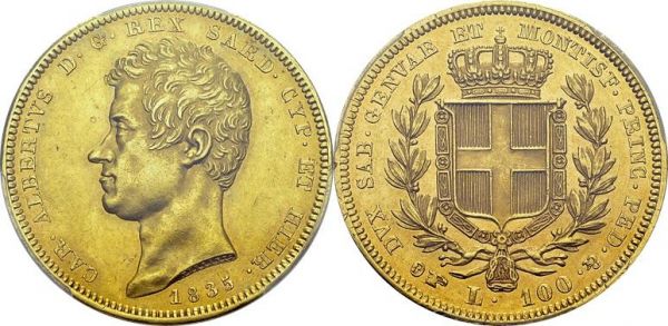 Carlo Alberto, 1831-1849. 100 Lire 1835 P, Torino. KM 133.1; Fr. 1138. AU. 32.25 g. 26'360 ex. PCGS AU 58