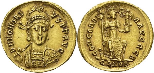 Honorius, 393-423. Solidus 402-403, Constantinople, 2nd officina. RIC 24. AU. 4.38 g. VF edge tooled  