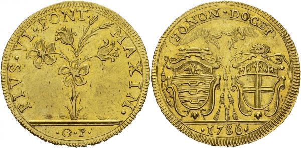 Pio VI, 1775-1799. 2 Doppie 1786, Bologna. Obv. PIVS VI PONT MAXIM. Lily. Rev. BONON DOCET. Coat of arms of cardinal Archetti and Bologna. KM 317; Fr. 385. AU. 10.87 g. Nice AU
