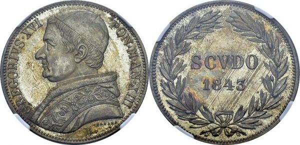 Gregorio XVI, 1831-1846. Scudo 1843/2 Anno XII R, Roma. Obv. GREGORIVS XVI - PON M AN XII. Bust left. Rev. Value and date within laurel wreath. KM 1324. AR. 26.87 g. NGC MS 64
No coins in higher grades at PCGS or NGC (04.2019).